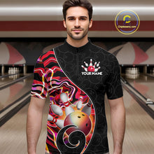 Load image into Gallery viewer, Men’s red neon wave bowling quarter zip shirt, front view on male model in bowling lane 