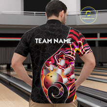 Load image into Gallery viewer, Men’s red neon wave bowling quarter zip shirt, front back on male model in bowling lane