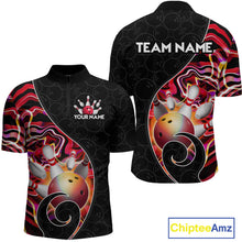Load image into Gallery viewer, Men’s red neon wave strike bowling shirt with custom name, front view quarter zip design on white background
