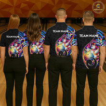 Load image into Gallery viewer, Group of male bowlers in blue neon wave team shirts, personalized bowling uniforms back view.