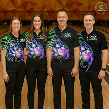 Load image into Gallery viewer, Group of bowlers in green neon wave team shirts, personalized bowling uniforms front view