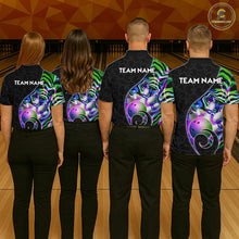 Load image into Gallery viewer, Group of bowlers in green neon wave team shirts, personalized bowling uniforms back view