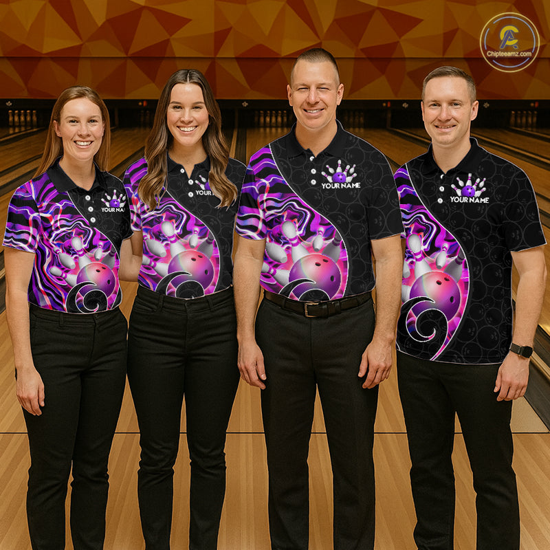 Group of male bowlers in purple neon wave team shirts, personalized bowling uniforms front view.