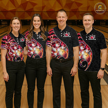 Load image into Gallery viewer, Group of male bowlers in red neon wave team shirts, personalized bowling uniforms front view