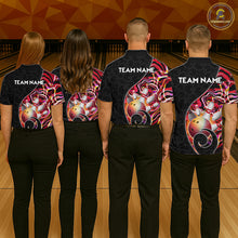 Load image into Gallery viewer, Group of male bowlers in red neon wave team shirts, personalized bowling uniforms back view