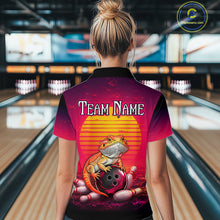 Load image into Gallery viewer, Women’s retro sunset bearded dragon bowling quarter zip shirt, back view on female model in bowling lane 