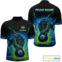 Load image into Gallery viewer, Black shirt with panther and 8-ball design, customizable text on front and back, Chiptee Amz branding.