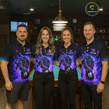 Load image into Gallery viewer, Four people wearing matching polo shirts with a dog and number 8 design in a bar setting.