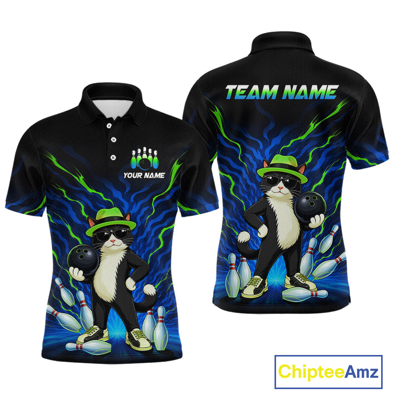 Black short-sleeve polo shirt shown from the front and back, featuring a cartoon cat bowling graphic with blue lightning effects, yellow bowling pins, bowling balls, and customizable text reading 'YOUR NAME' and 'TEAM NAME'.