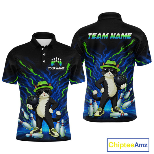 Black short-sleeve polo shirt shown from the front and back, featuring a cartoon cat bowling graphic with blue lightning effects, yellow bowling pins, bowling balls, and customizable text reading 'YOUR NAME' and 'TEAM NAME'.