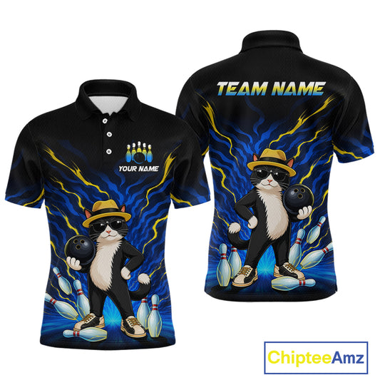 Black short-sleeve polo shirt shown from the front and back, featuring a cartoon cat bowling graphic with blue lightning effects, yellow bowling pins, bowling balls, and customizable text reading 'YOUR NAME' and 'TEAM NAME'.