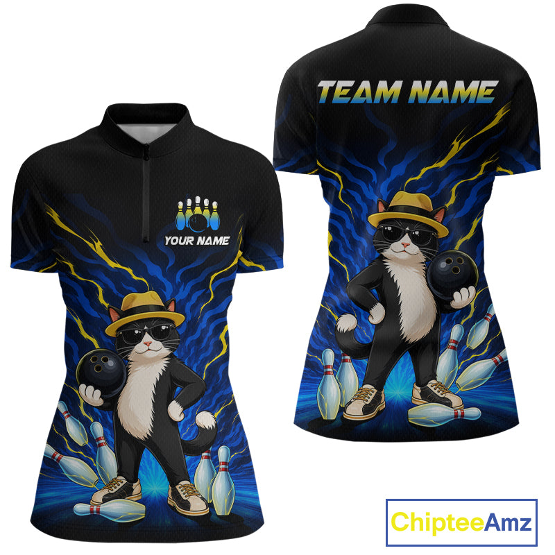Black short-sleeve bowling-themed polo shirt shown from front and back on a white background, featuring a cartoon cat in a hat holding bowling balls and pins with blue lightning graphics and customizable text areas.