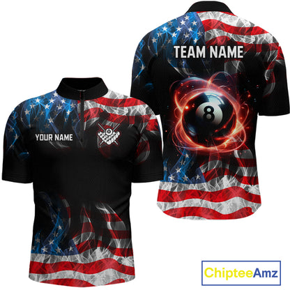 Front and back views of a short-sleeve polo shirt with a black base and an American flag pattern made from stars and stripes. The back features a large 8-ball graphic with glowing red and orange effects, and both views have customizable text placeholders: 'YOUR NAME' on the front chest, 'TEAM NAME' on the back, and a small crest on the front chest.