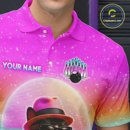 Custom Funny Cat Bowling Shirt for Men Retro Wave Bowling Team Jersey Polo & 1/4 Zip HNT200