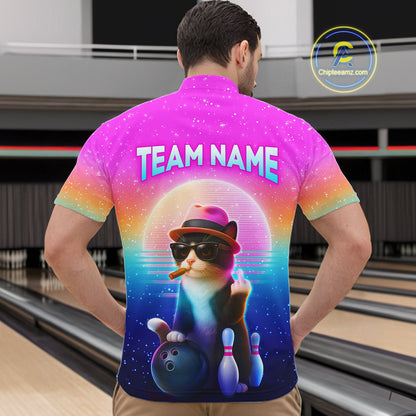 Custom Funny Cat Bowling Shirt for Men Retro Wave Bowling Team Jersey Polo & 1/4 Zip HNT200