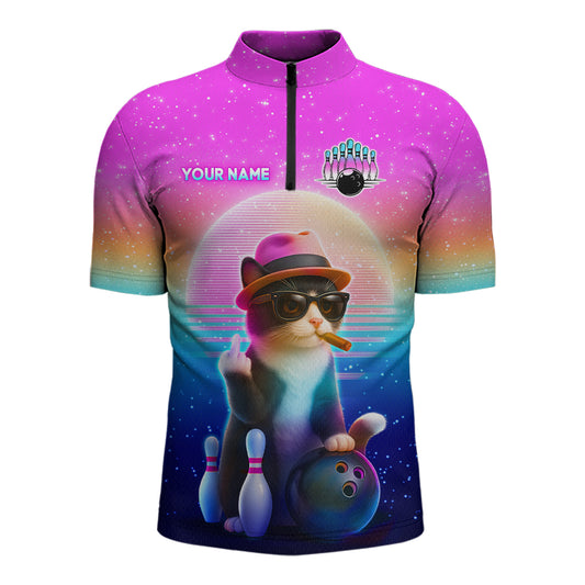 Custom Funny Cat Bowling Shirt for Men Retro Wave Bowling Team Jersey Polo & 1/4 Zip HNT200