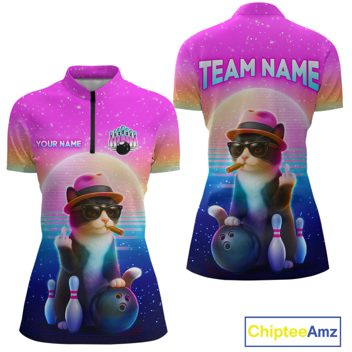 Custom Funny Cat Bowling Shirt for Women Retro Wave Bowling Team Jersey Polo & 1/4 Zip HNT200