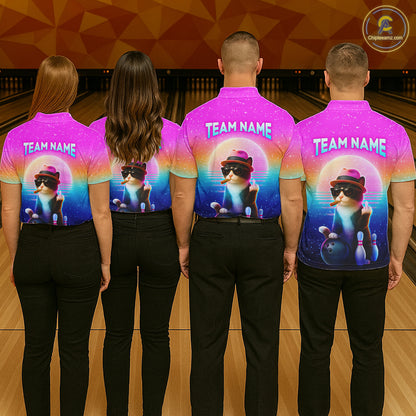Custom Funny Cat Bowling Shirt for Women Retro Wave Bowling Team Jersey Polo & 1/4 Zip HNT200