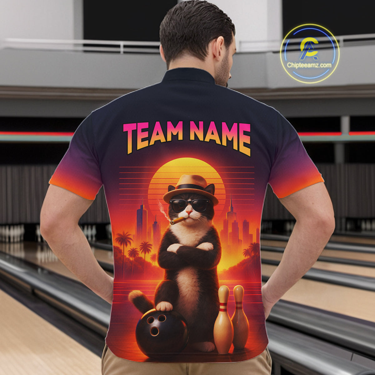 Custom Funny Cat Retro Bowling Jersey for Men Bowling Polo & 1/4 Zip Bowling Team Shirts HNT199