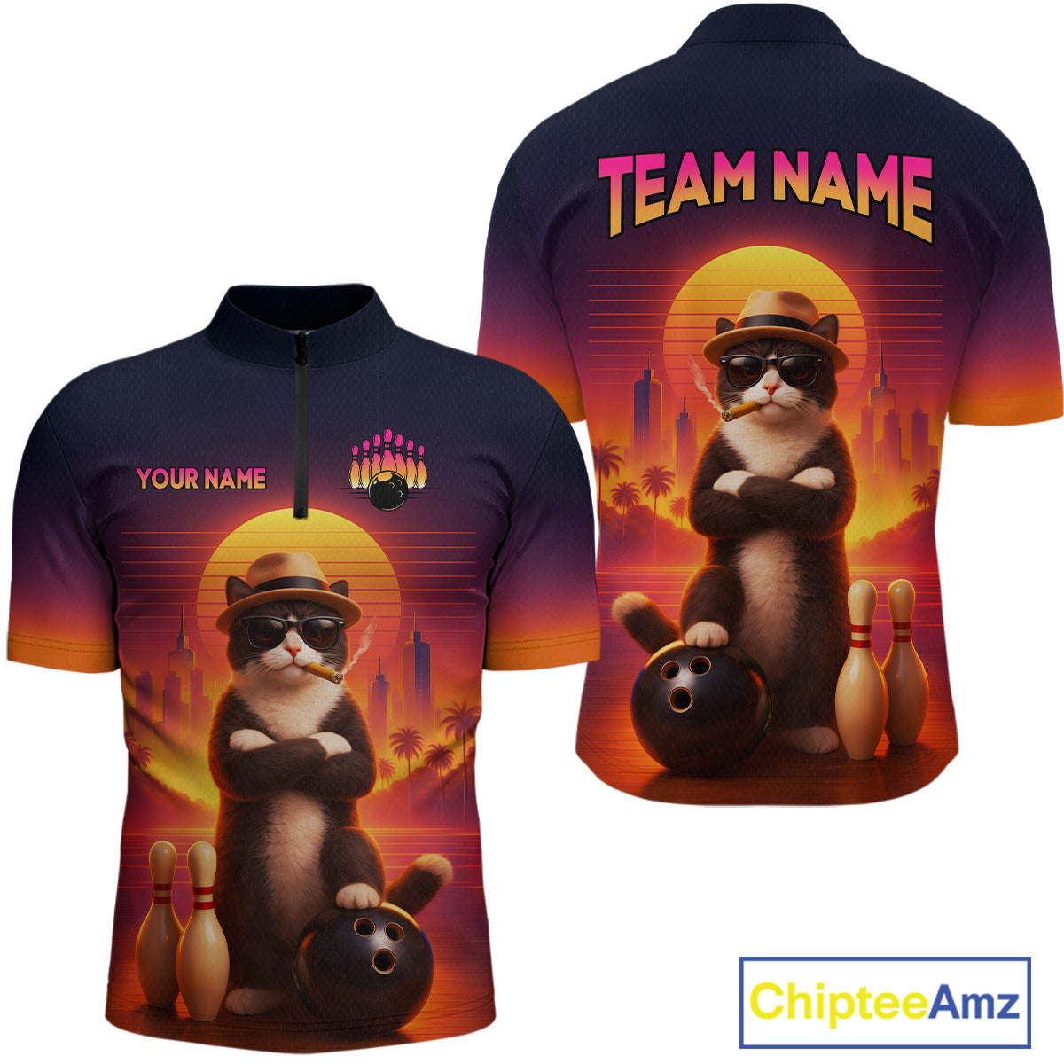 Custom Funny Cat Retro Bowling Jersey for Men Bowling Polo & 1/4 Zip Bowling Team Shirts HNT199