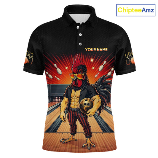 Custom funny rooster bowling jersey for men, personalized team bowling polo shirt front view
