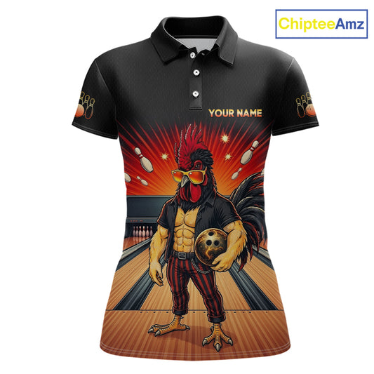 Custom funny rooster bowling jersey for women, personalized team bowling polo shirt front view