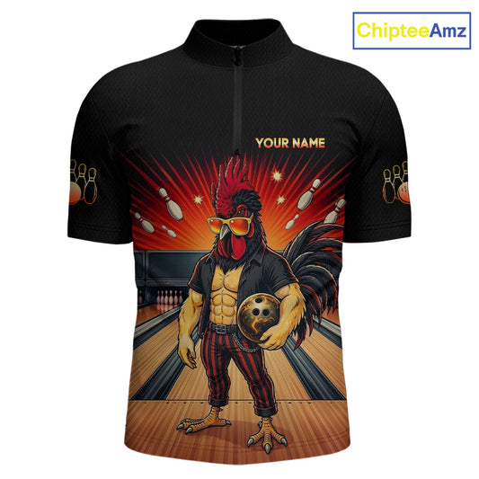 Custom funny rooster bowling jersey for men, personalized team bowling quarter zip shirt front view