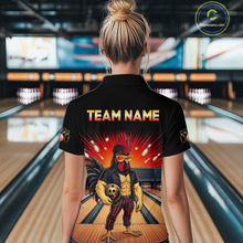 Load image into Gallery viewer, Women’s funny rooster bowling quarter zip shirt, back view on female model in bowling lane 