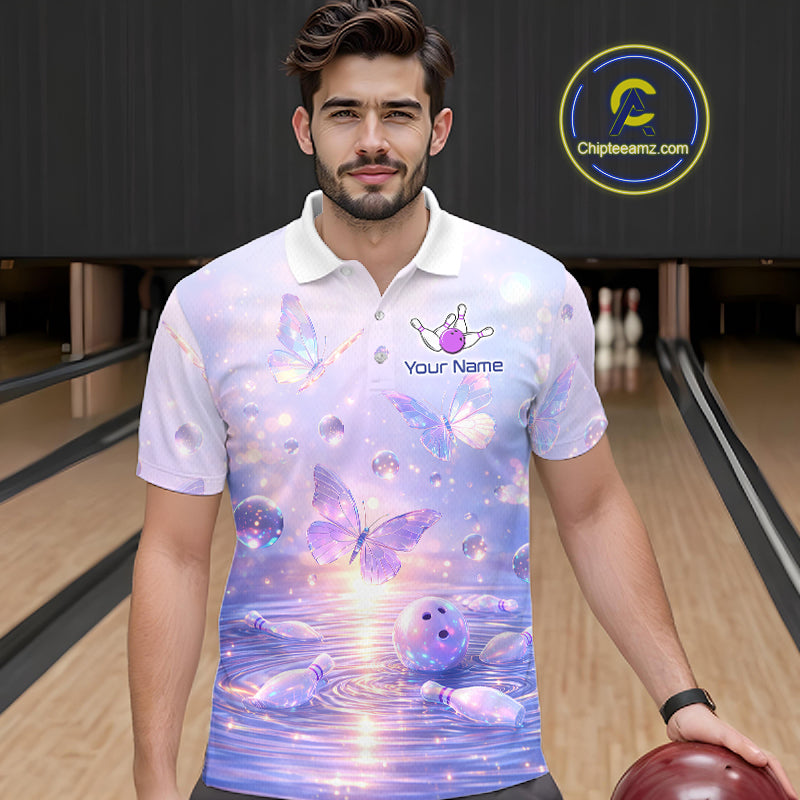 Custom Butterfly Pastel Purple Bowling Shirts For Men, Bowling Team Shirt With Butterflies HNT278