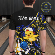Load image into Gallery viewer, Person wearing a colorful bowling-themed shirt with a cartoon chicken character in a bowling alley.