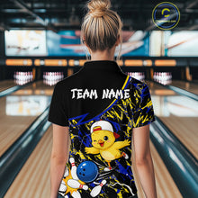 Load image into Gallery viewer, Person wearing a colorful bowling shirt with a chicken design in a bowling alley.