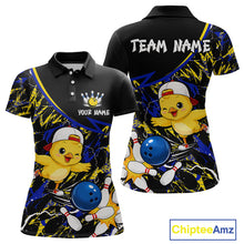 Load image into Gallery viewer, Black polo shirt with cartoon chicken design and customizable text on a white background