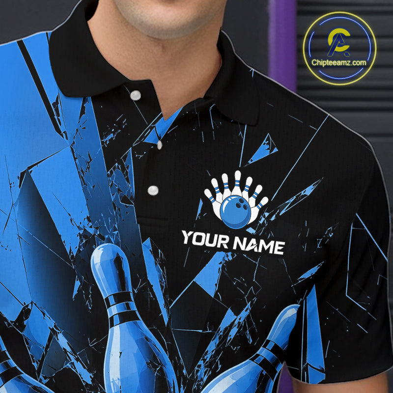 A close-up of a person wearing a black and blue bowling-themed polo shirt with a custom white bowling pin graphic and the text 'YOUR NAME' on the chest. The background is dark with a purple vertical element.
