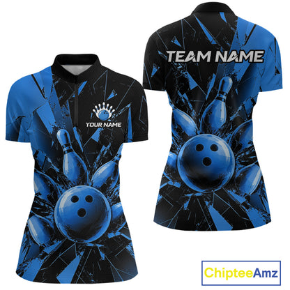 Custom bowling-themed short-sleeve polo shirt shown from the front and back. The design features a blue and black shattered glass pattern with a large bowling ball graphic on the front and 'TEAM NAME' printed across the back.