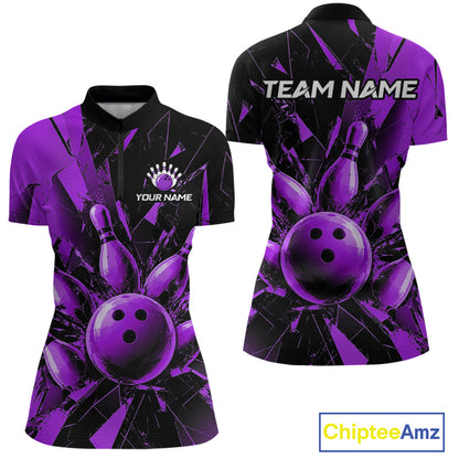 Front and back views of a women's short-sleeve polo shirt with a purple and black bowling-themed graphic print, featuring bowling balls and pins, customizable text on the chest, and 'TEAM NAME' on the back.