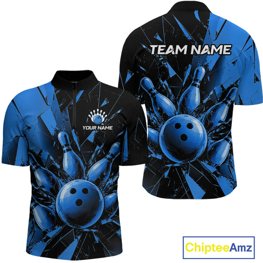 Front and back views of a short-sleeve bowling-themed polo shirt on a white background. The shirt features a blue and black shattered glass design with a large blue bowling ball graphic on the front and back, customizable text placeholders 'TEAM NAME' and 'YOUR NAME', and a visible 'ChipteeAmz' watermark in the bottom right corner.