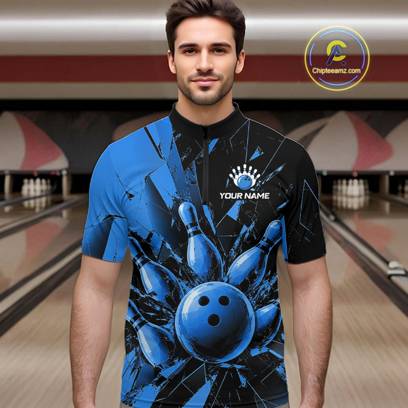 A man wearing a short-sleeve bowling-themed shirt with a blue and black graphic design featuring bowling pins and a bowling ball, set against a bowling alley background. A 'Chipeeamz.
