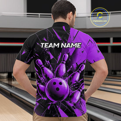 A man viewed from behind wearing a custom bowling-themed short-sleeve polo shirt with a purple and black graphic design featuring bowling pins and a bowling ball, with 'TEAM NAME' printed on the back. The background shows bowling lanes.