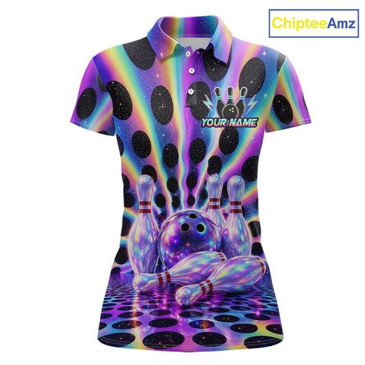 Custom neon cosmic bowling jersey for women, personalized team bowling polo shirt front view
