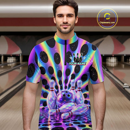 Men’s neon cosmic bowling quarter zip shirt, front view on male model in bowling lane 