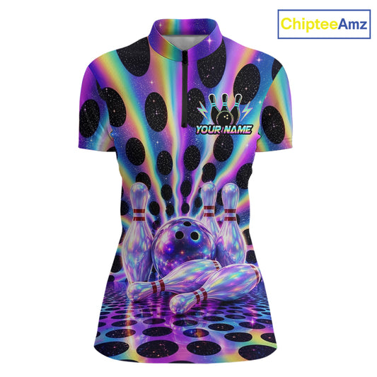 Custom neon cosmic bowling jersey for women, personalized team bowling quarter zip shirt front view