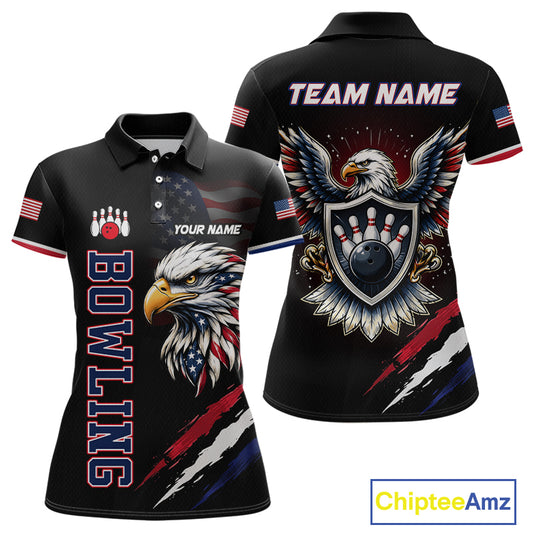 Bowling-themed polo shirt with eagle design and customizable text on a white background