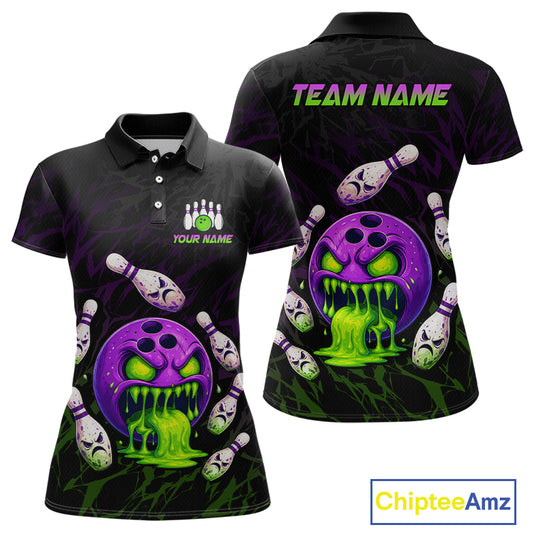 Black polo shirt with colorful bowling design and 'Team Name' text on a white background