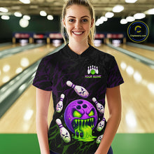 Load image into Gallery viewer, Person wearing a custom bowling shirt with a colorful design in a bowling alley.