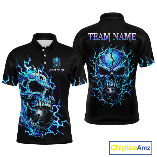 Black short-sleeve polo shirt shown from the front and back, featuring a large blue and black skull graphic with lightning effects, plus customizable text areas reading 'YOUR NAME' on the chest and 'TEAM NAME' on the back. A ChipteeAmz logo appears in the bottom right corner.