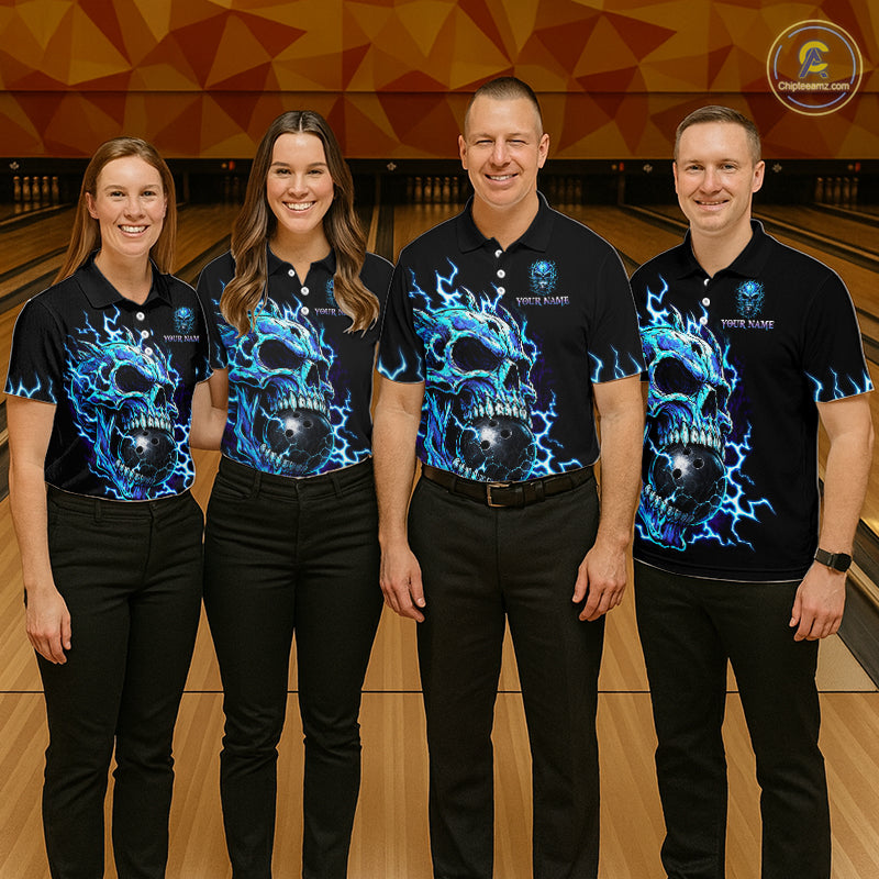 Four people standing in a bowling alley wearing matching black polo shirts with a large blue and black skull graphic and the text 'TEAM NAME' on the chest, paired with black pants.