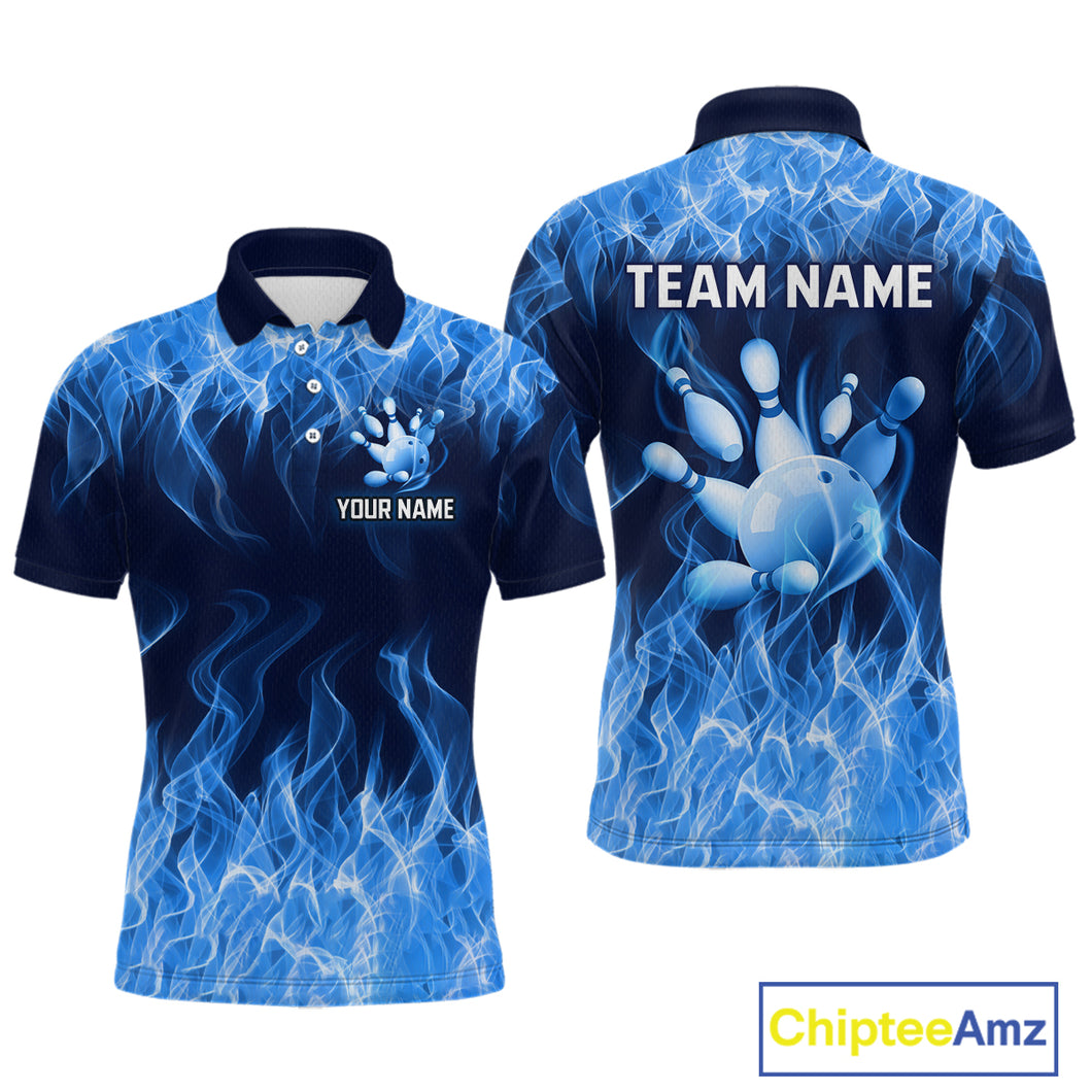 Custom Blue Flame Bowling Jersey for Men Polo & 1/4 Zip Bowling Team Shirts Bowling League HNT150