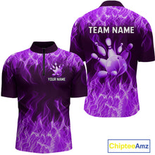 Load image into Gallery viewer, Custom Purple Flame Bowling Jersey for Men Polo &amp; 1/4 Zip Bowling Team Shirts Bowling League HNT150
