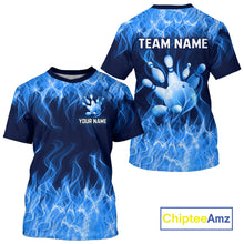 Load image into Gallery viewer, Blue and black bowling jersey with bowling design and customizable text, featuring the brand 'Chiptee Amz'.