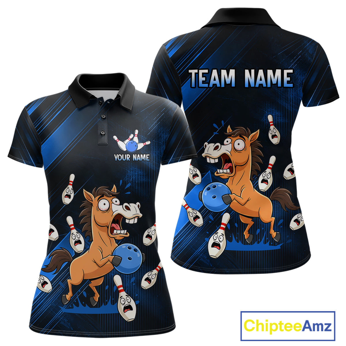 Custom Blue Funny Horse Bowling Jersey for Women Bowling Team Shirts Bowling Tournament HNT184